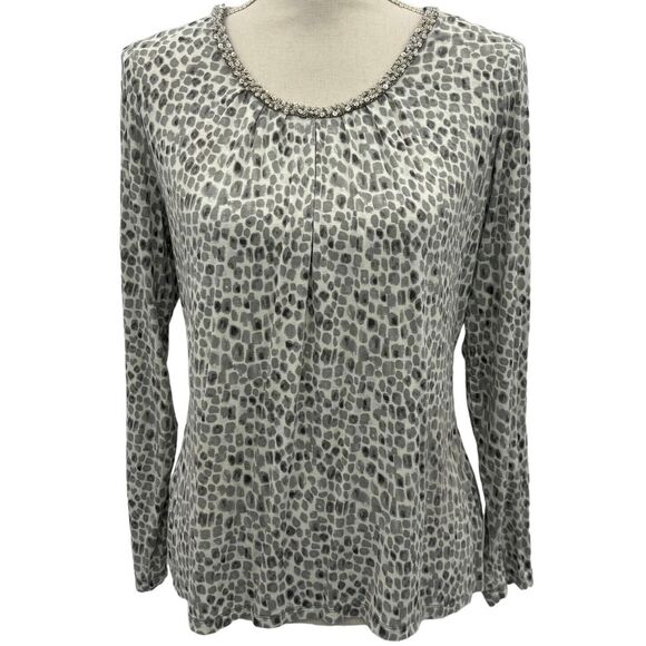 Charter Club Women's Blouse Petite Medium White Gray Abstract Print Boho Trendy - Picture 1 of 16